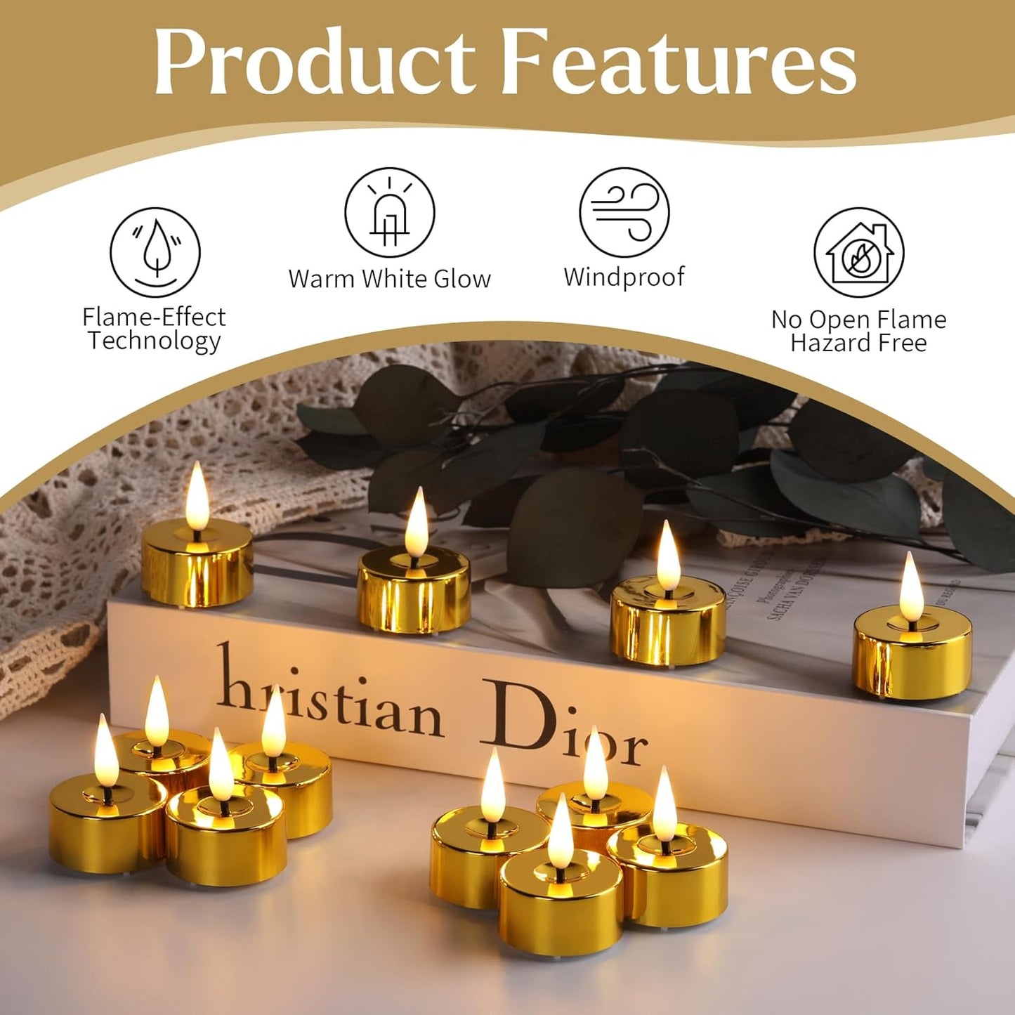Eywamage Gold LED Tealights with Remote Batteries, Flickering Flameless Tea Lights Votive Candles Set of 12