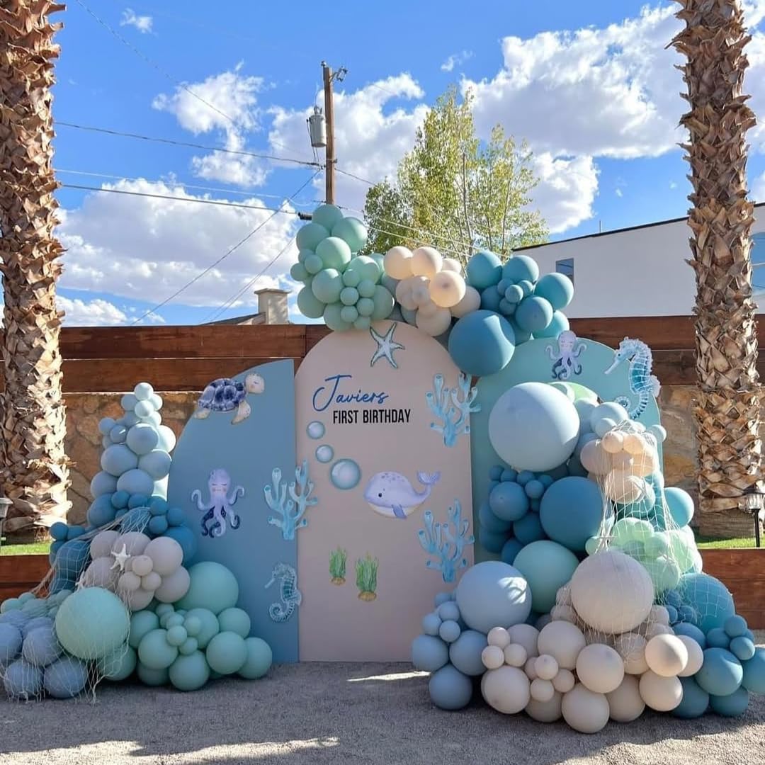 Under The Sea Balloons, 35PCS Dusty Slate Blue and Green Balloons, Baby Light Green Sand White Latex Balloon for Kids Boys Under The Sea Ocean Themed Baby Shower Birthday Party Decorations Supplies