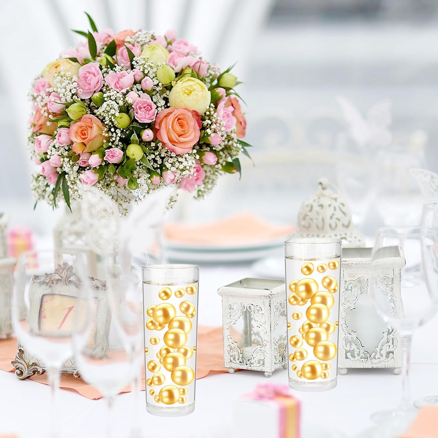 100PCS Golden Yellow Faux Pearls Beads for Centerpiece Vases, Vase Filler Faux Pearls, No Holes Filler Beads for Party Mardi Gras Wedding Table Decor, 14/20/30mm