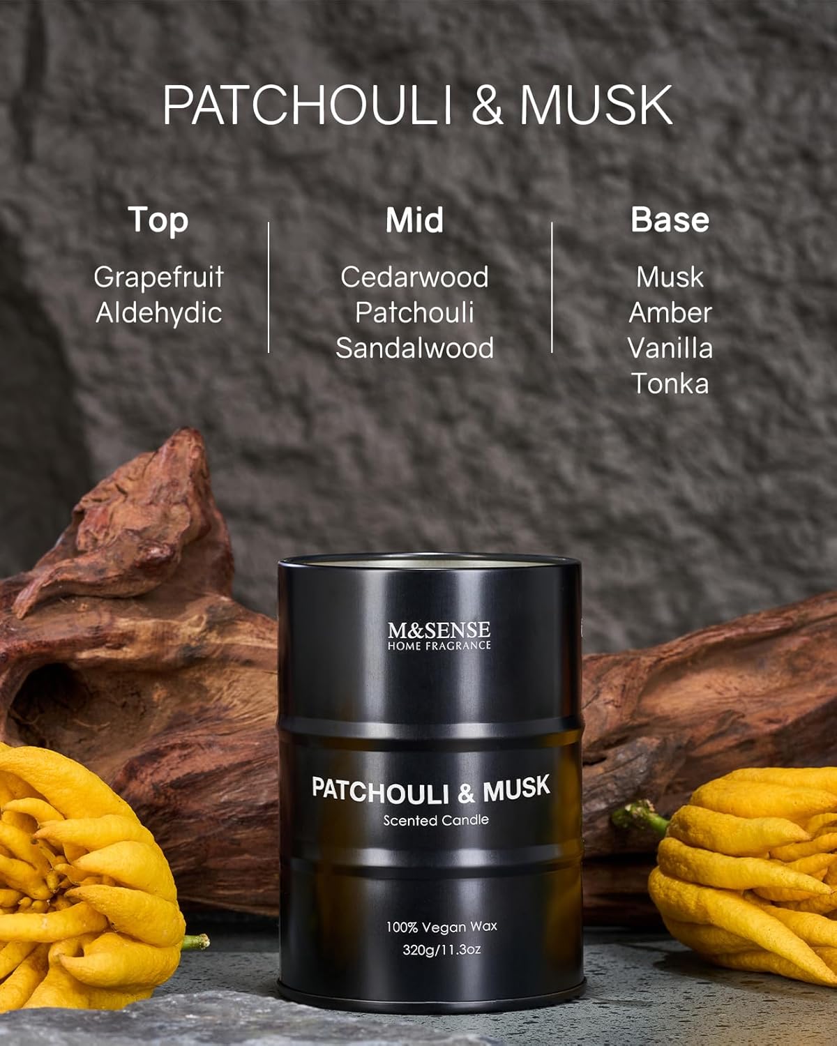 M&SENSE Patchouli Musk Scented Candle,Gifts for Men,70 Hours Slow Burning Natural Soy Candles11.3 oz