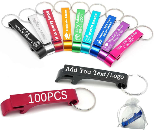100pcs Personalized Bottle Opener Keychain Bulk Custom Engraved Text/Logo Keychains Customized Beer Bottle Opener for Bar, Graduation,Party,Wedding Favors Gift (100pcs)