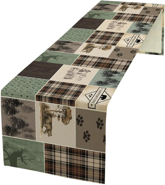 Bear Deer Table Runner,Rustic Lodge Retro Country Farmhouse Buffalo Plaid Print Tablecloth Burlap for Hotel Indoors Outdoor Dining Room Kitchen Home Decor,W13X L36 in