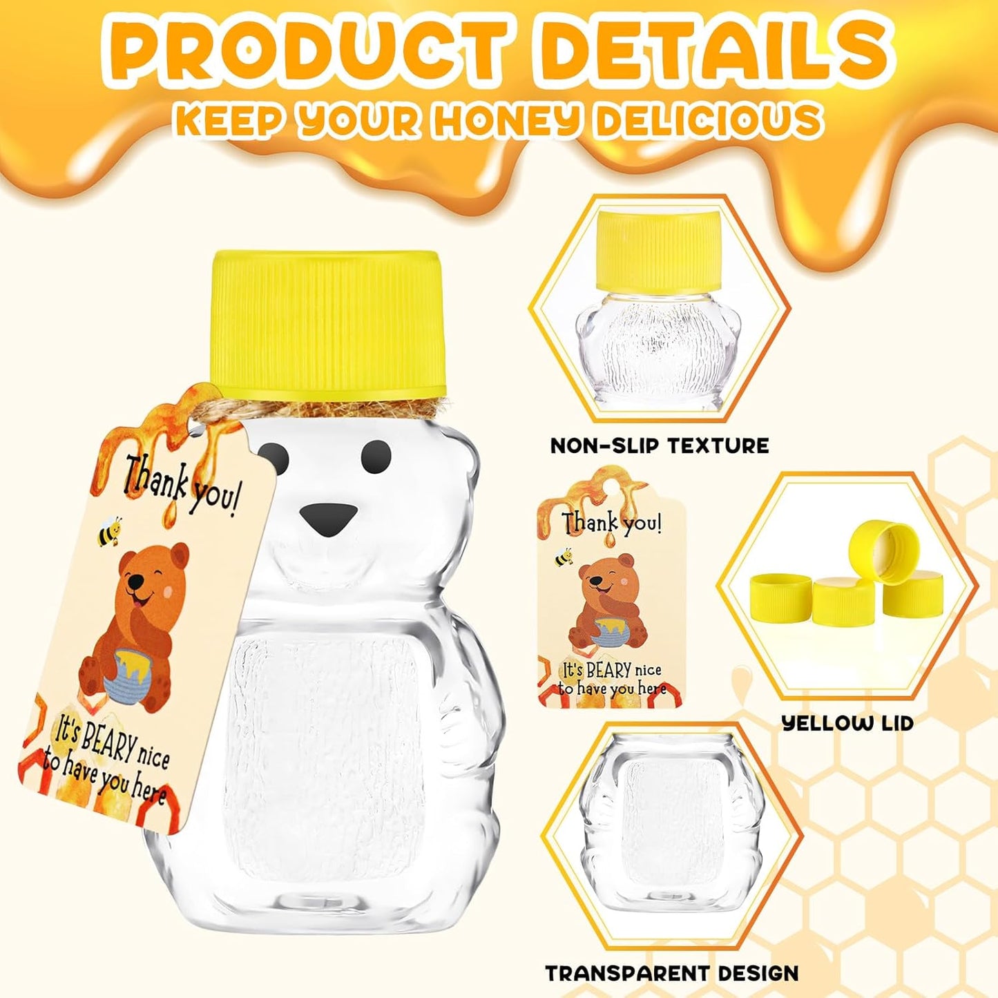 96 Sets 2 oz Plastic Honey Bear Bottle Bear Shape Clear Empty Honey Jar 96 Tags 2 Rolls Jute Rope Honey Containers Empty Honey Dispenser for Baby Shower Party Favors Gifts (Yellow Lid)