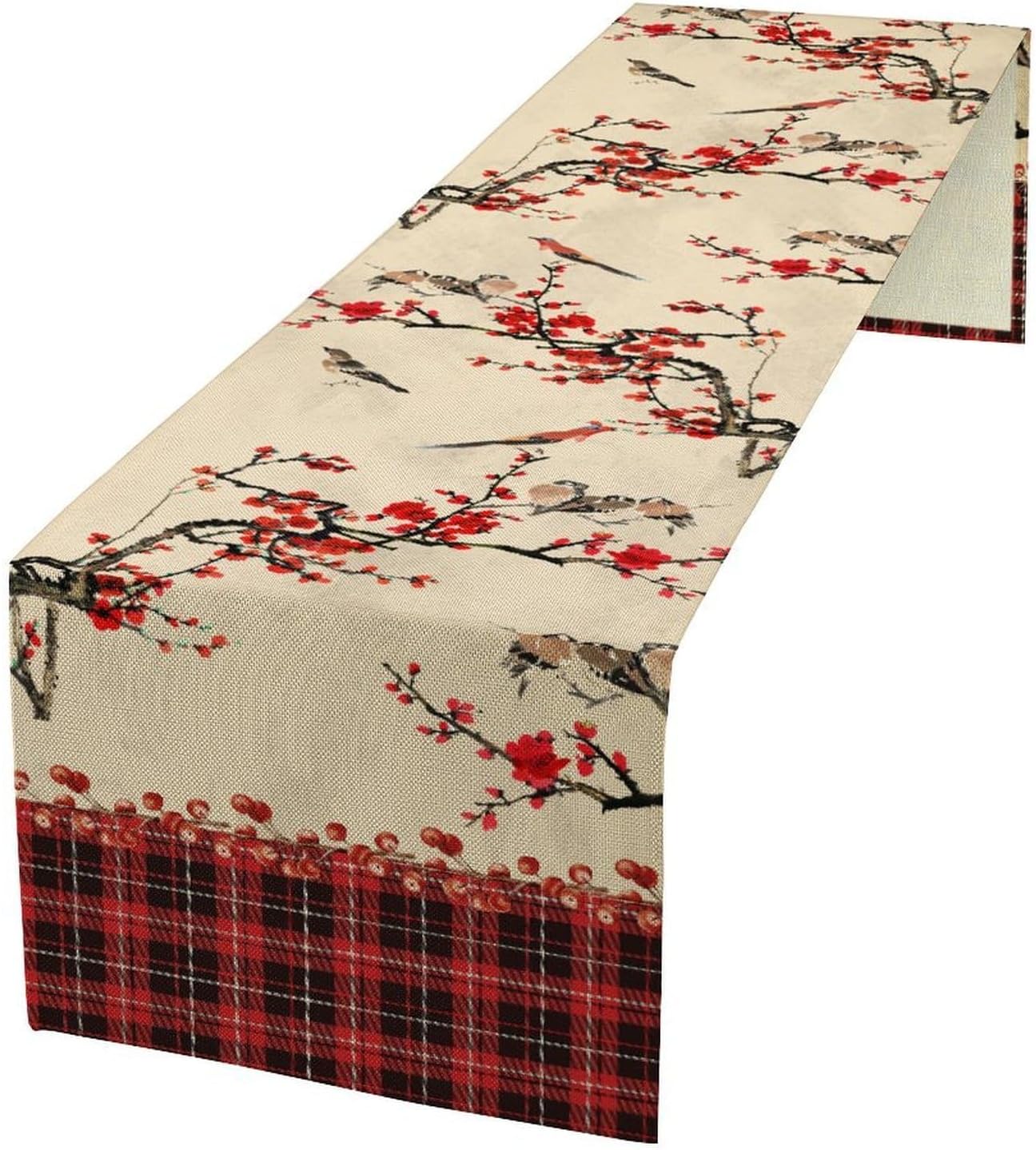 Bird Table Runner,Red Black Buffalo Plaid Blossom Seasonal Table Runner for Kitchen Dining Table Decoration Home Party Decor 13x36 Inch