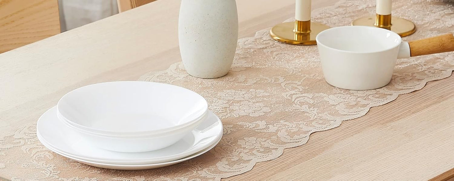 LinenZone Linen Table Runner with 2 Tassels for Rustic Vintage Decor. Lace Table Runner Works Great As Wedding, Thanksgiving, Christmas Decor (Mia 14 x 36, Linen)