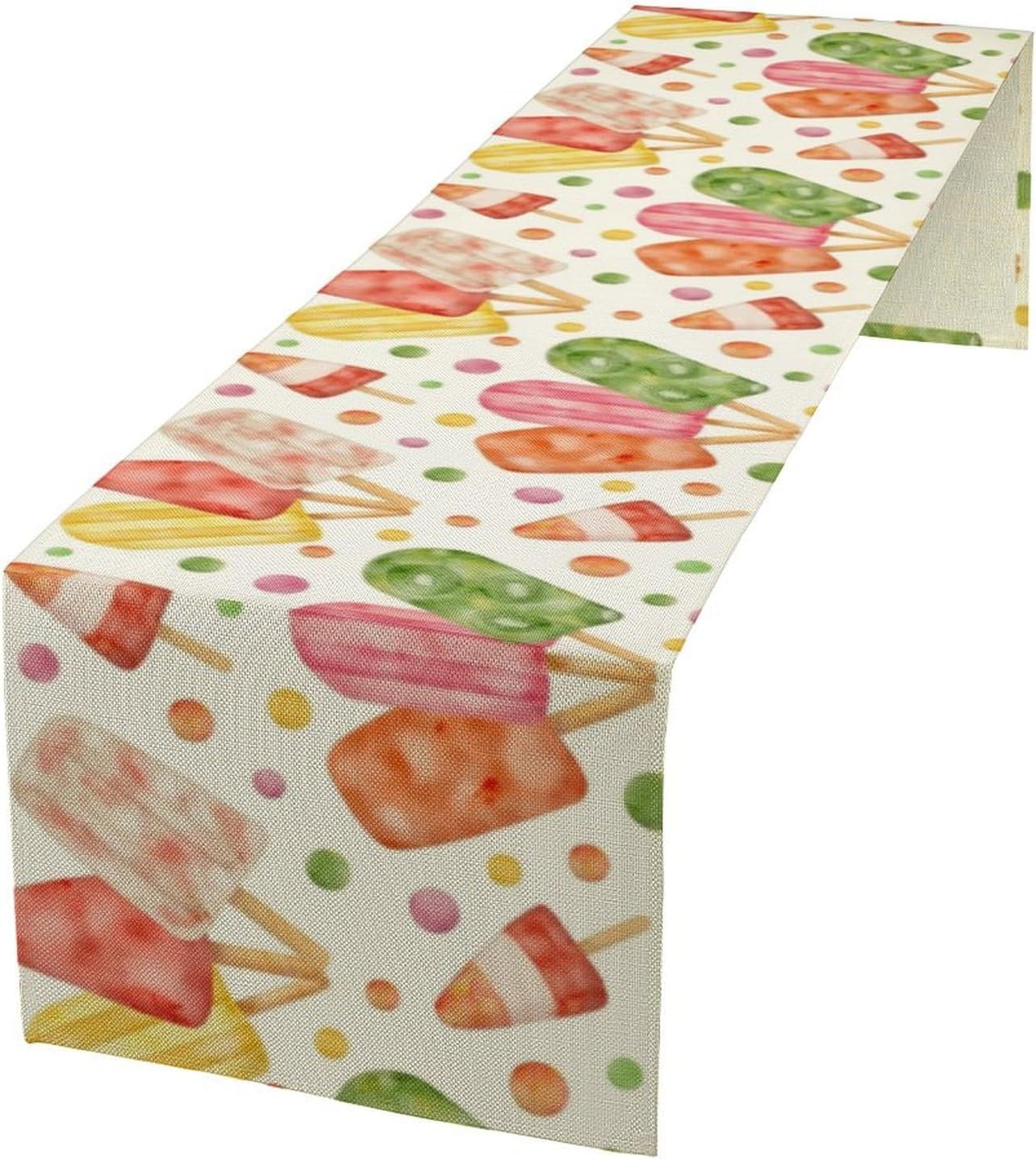 Summer Popsicles Table Runner, Watercolor Colorful Fruit Ice Cream Pops Berry Kiwi Cold Summer Sweet Seasonal Dinner Runner for Party Holiday Home Kitchen Dining Table Decor 13"x36"