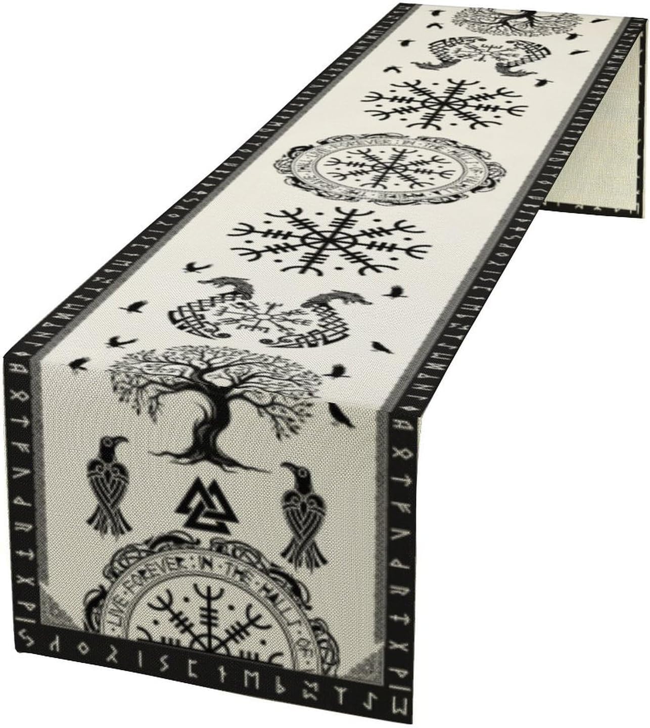 Ancient Abstract Pattern Table Runner, Tree of Life Eagle Dragon Boat Rudder Black and White Table Runner 13x108 Inch
