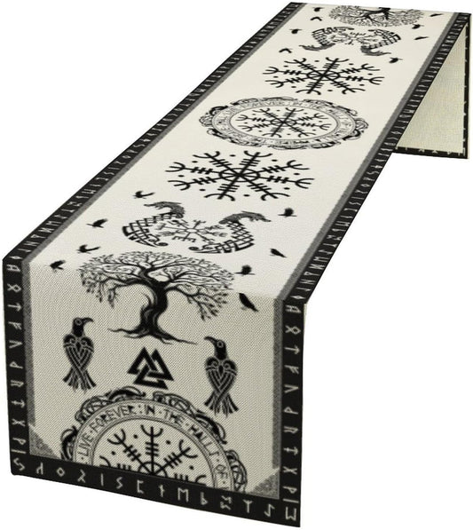 Ancient Abstract Pattern Table Runner, Tree of Life Eagle Dragon Boat Rudder Black and White Table Runner for Party Kitchen Dinner Cafe Bedroom Living Room Outdoor Table Runner 13x120 Inch