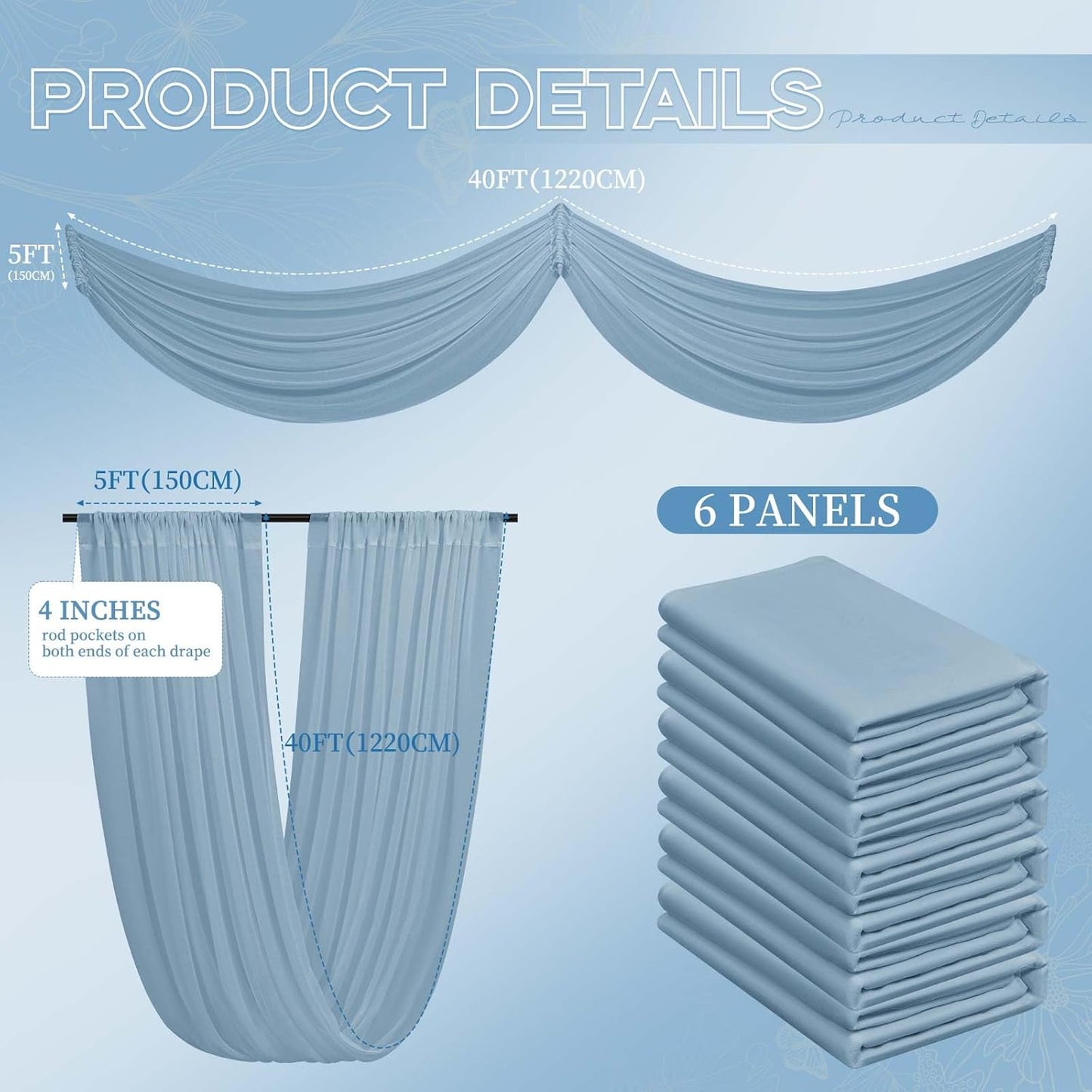 6 Panels Dusty Blue Ceiling Drapes for Wedding 5ftx40ft Ceiling Drapes Wedding Arch Draping Fabric Cheesecloth Sheer Curtain Romantic Ceiling Decorations for Weddings Party Banquet Ceremony Stage