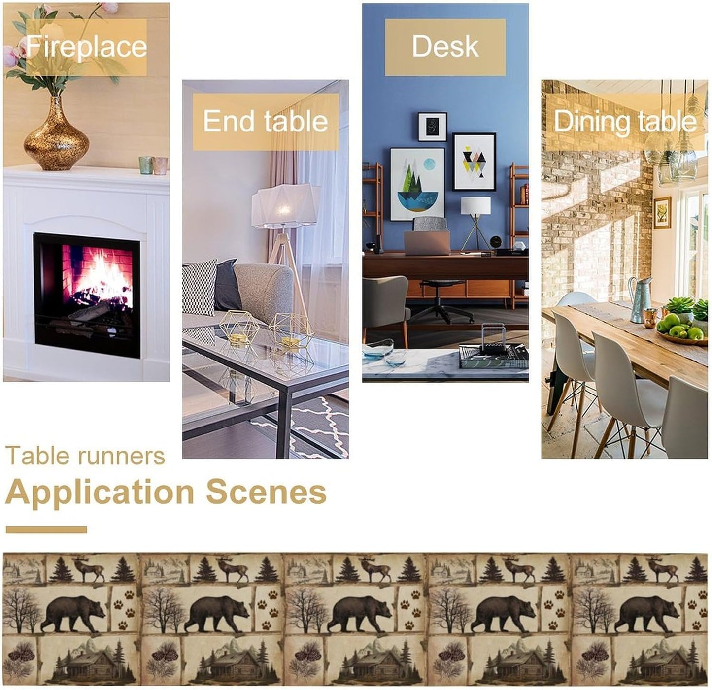 Rustic Cabin Table Runner, Retro Moose Cone Deer Bear Farmhouse Lodge Table Runner for Dinner Living Room Kitchen Vintage Country Cottage 13x36 Inch