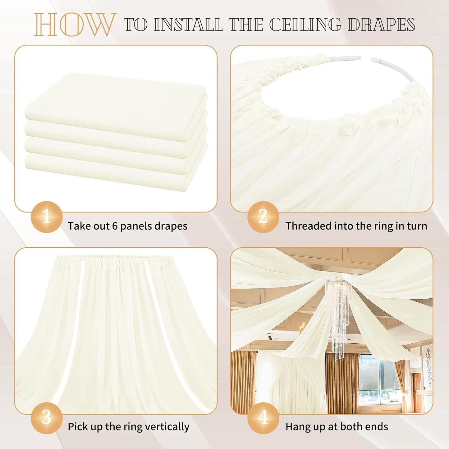 4 Panels Ivory Ceiling Drapes for Wedding 5ftx30ft Sheer Drapery Chiffon Fabric Arch Draping Curtains for Party Ceremony Birthday Baby Shower Reception Stage Ceiling Decorations