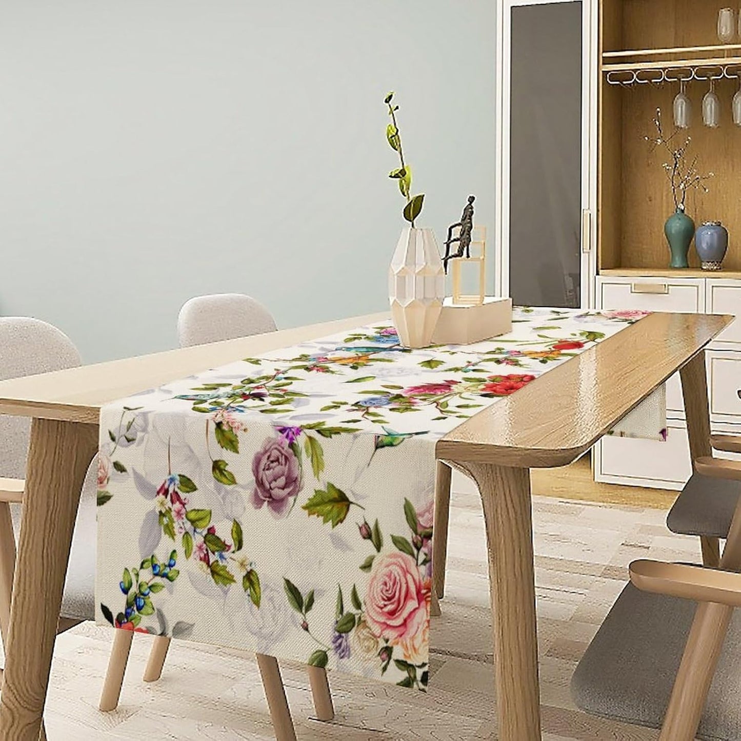 Vintage Bird Flower Table Runner Seasonal Spring Summer Garden Plants Farmhouse Country Kitchen Dinner Runner Dining Table Decoration for Home Party Holiday 13"x70"