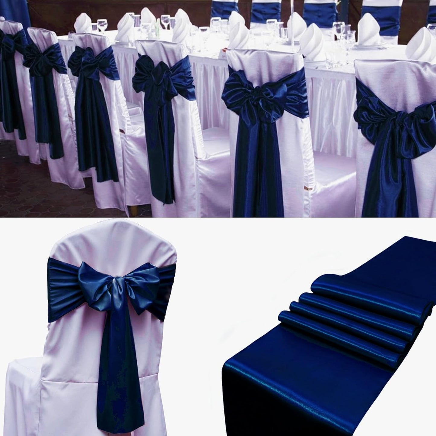 100 PCS Satin Chair Sashes Decorative Bow Satin Chair Sashe Ties Back Ribbon Bows Chairs Cover Band for Wedding Birthday Party Ceremony Reception Events Banquet Home Kitchen Decor(7x108inch,Navy Blue)