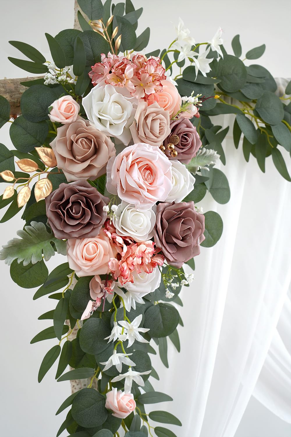 Dusty Rose Artificial Wedding Arch Flowers Kit (Pack of 3) with 26Ft White Shiny Arch Draping Fabric for DIY Wedding Party Ceremony Reception Backdrop Floral Decoration