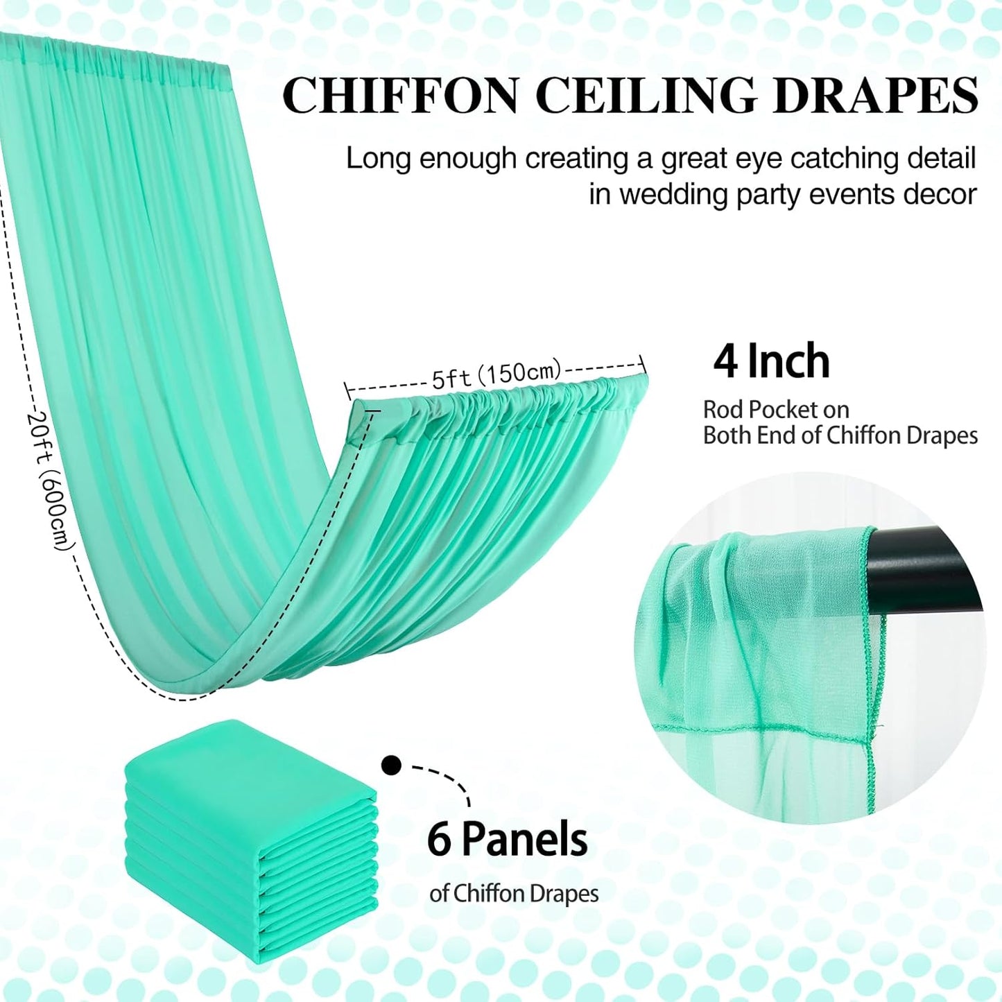 DUOBAO 5FTx20FT Mint Chiffon Ceiling Drapes | Elegant Wedding Backdrop | 6 Panels Sheer Curtains for Banquets, Graduations, and Proms
