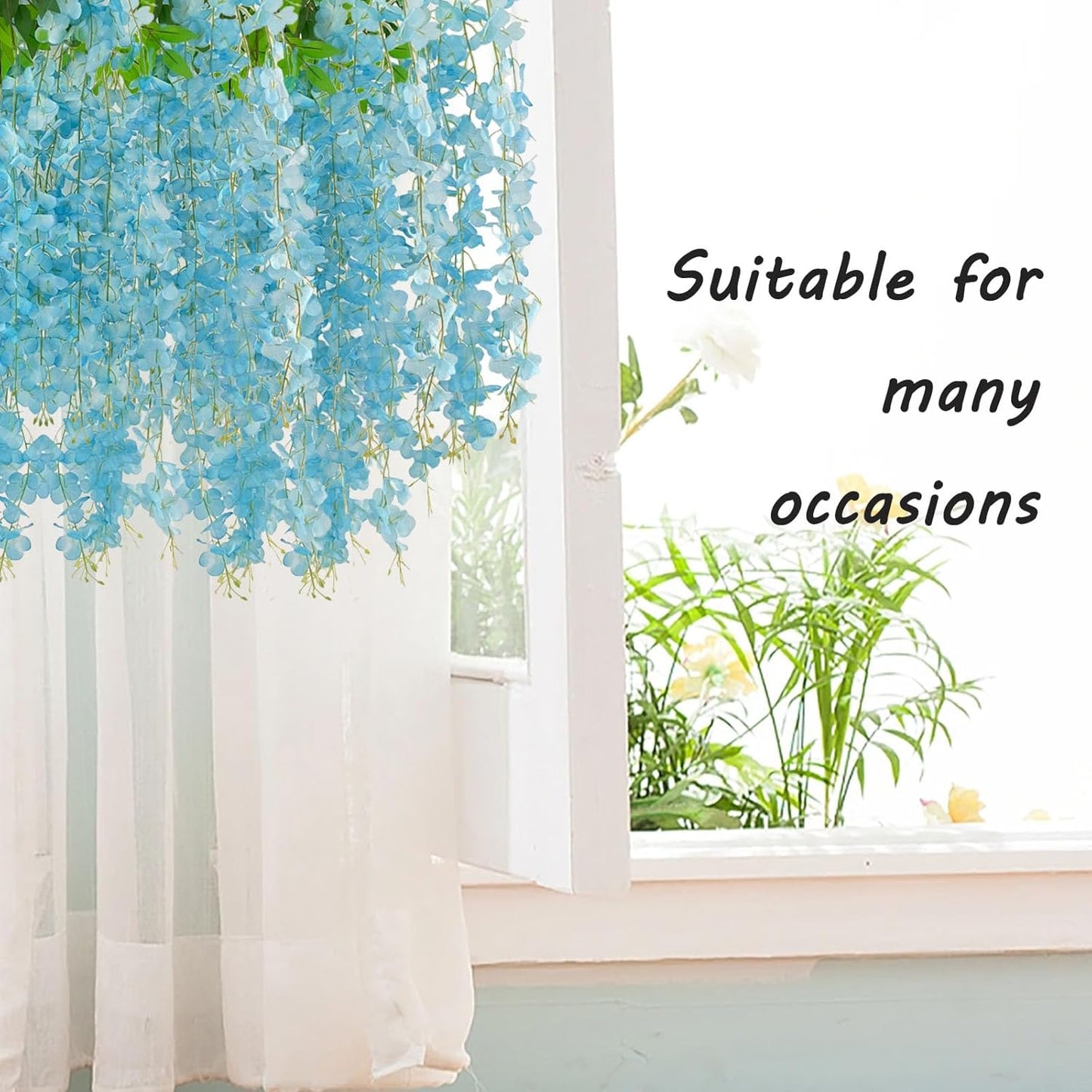 12 Pack Lake Blue Wisteria Hanging Flowers Garland, 3.77 Feet Artificial Flower Vines, Fake Wisteria, Artificial Vines Hanging Garland for Backdrop Outdoor Yard Garden Decor