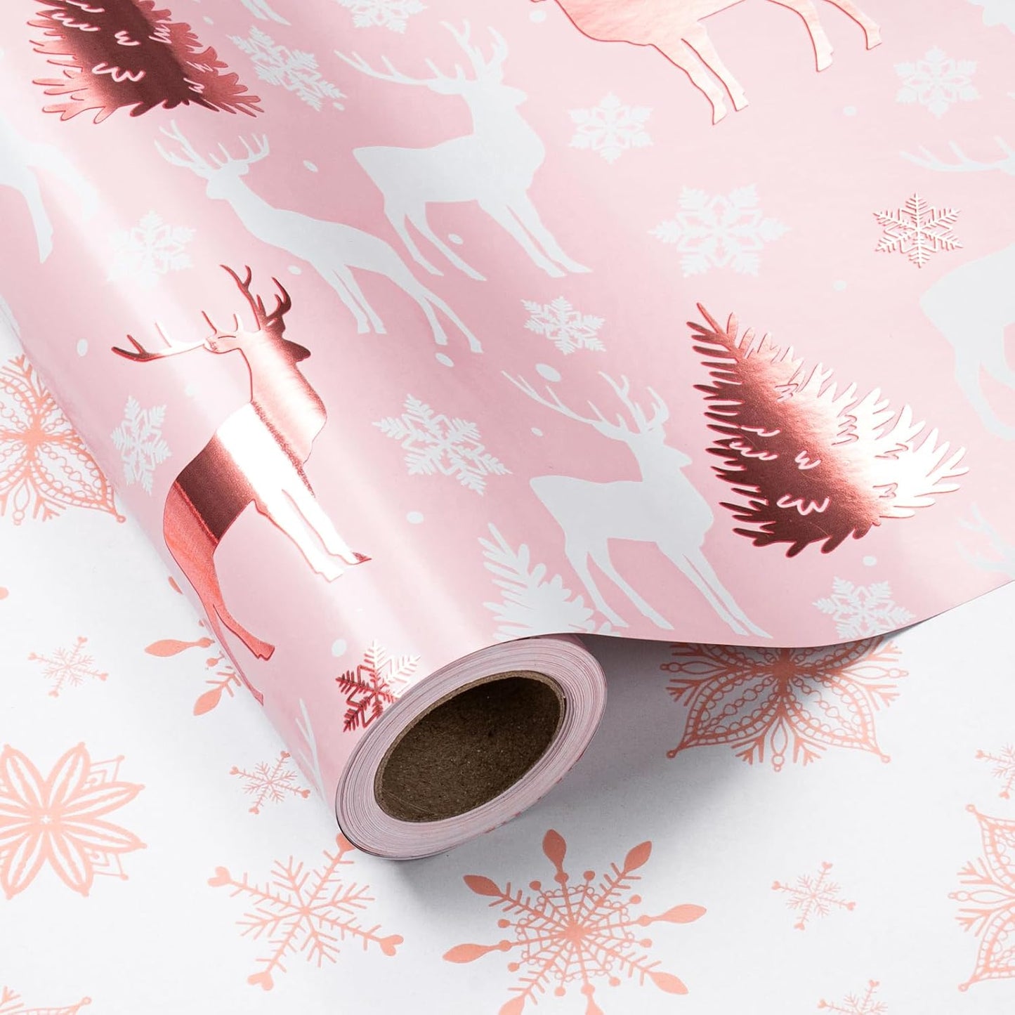 LeZakaa Christmas Pink Wrapping Paper Jumbo Roll, Reindeer & Snowflake, Metallic Foil, Rose Gold Foil Reversible Design for Festive Winter Holiday, Family Gathering, 30 inches x 100 Feet