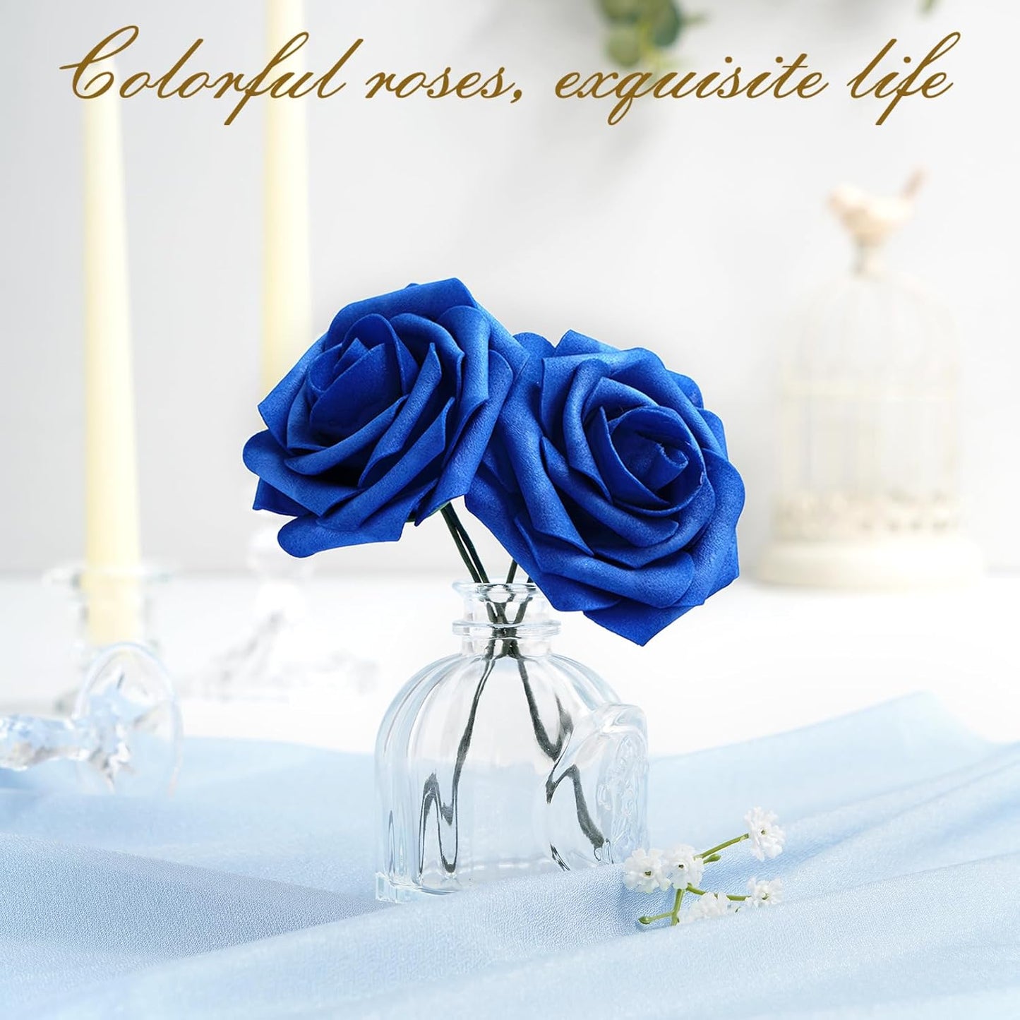 BLEUM CADE 36Pcs Artificial Flowers Fake Roses with Stems, Royal Blue Boxed Foam Roses for DIY Bouquets Centerpieces Wedding Party Arrangement Bridal Shower Decor