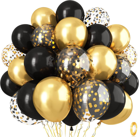 Black and Gold Confetti Balloons, 12 Inch Black Metallic Gold Confetti Latex Balloons, Black Golden Confetti Helium Balloons for Wedding Birthday Anniversary New Year Party Celebration Decorations