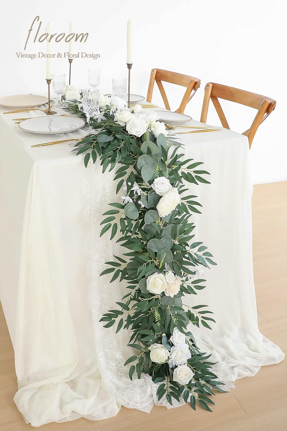 Floroom 6ft Artificial Eucalyptus Garland with Flowers Fake Greenery Faux Floral Vine Garland for Table Decor Wedding Centerpieces Bridal Shower Party Decorations, Ivory White