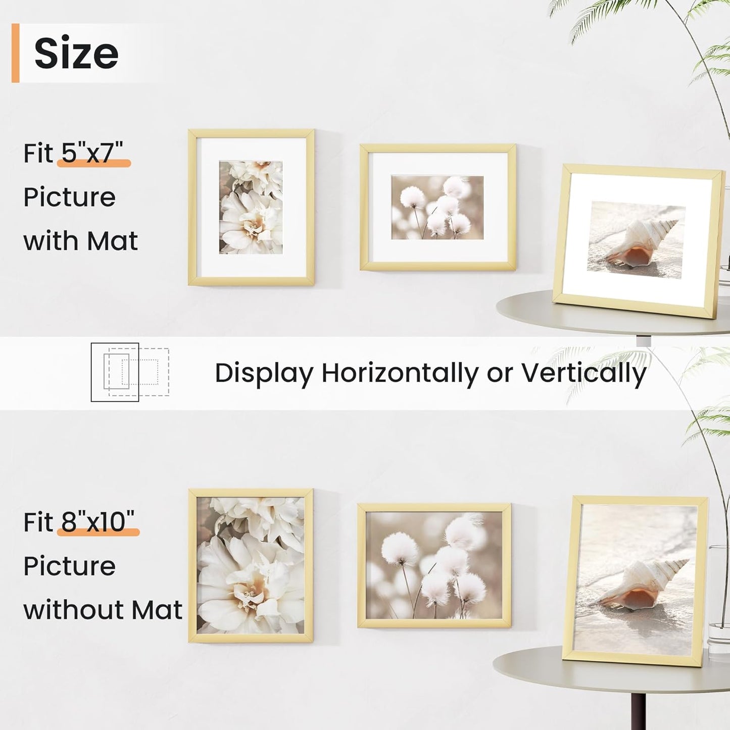 8x10 inch Picture Frame, 8x10 Photo Frames with 5x7 Removable Mat - High Definition Plexiglass - Vertical and Horizontal Display - Wall Hanging Frame - Gold, 5 Pack