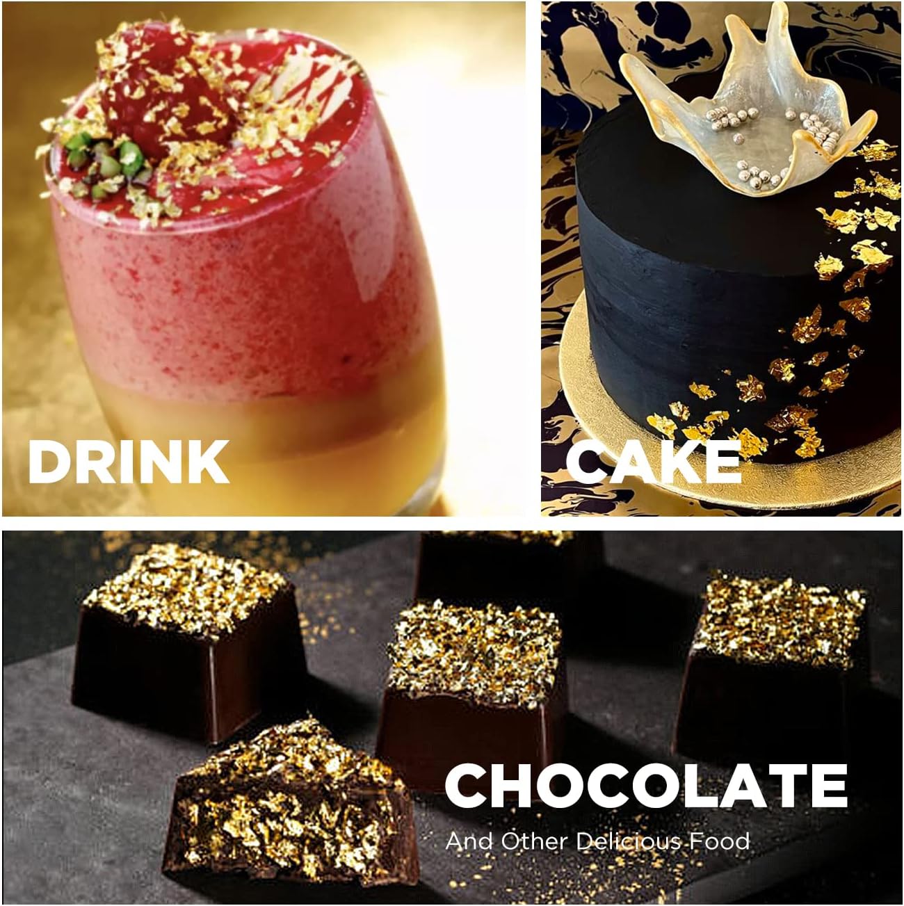 Cobakey Genuine Edible Gold Leaf Flakes - 50mg Edible Gold Flakes for Cake Decoration (Cupcake, Chocolate, Steak, Drink & Cooking), PureGold Leaf with Edible Glitter & Wooden Tweezers