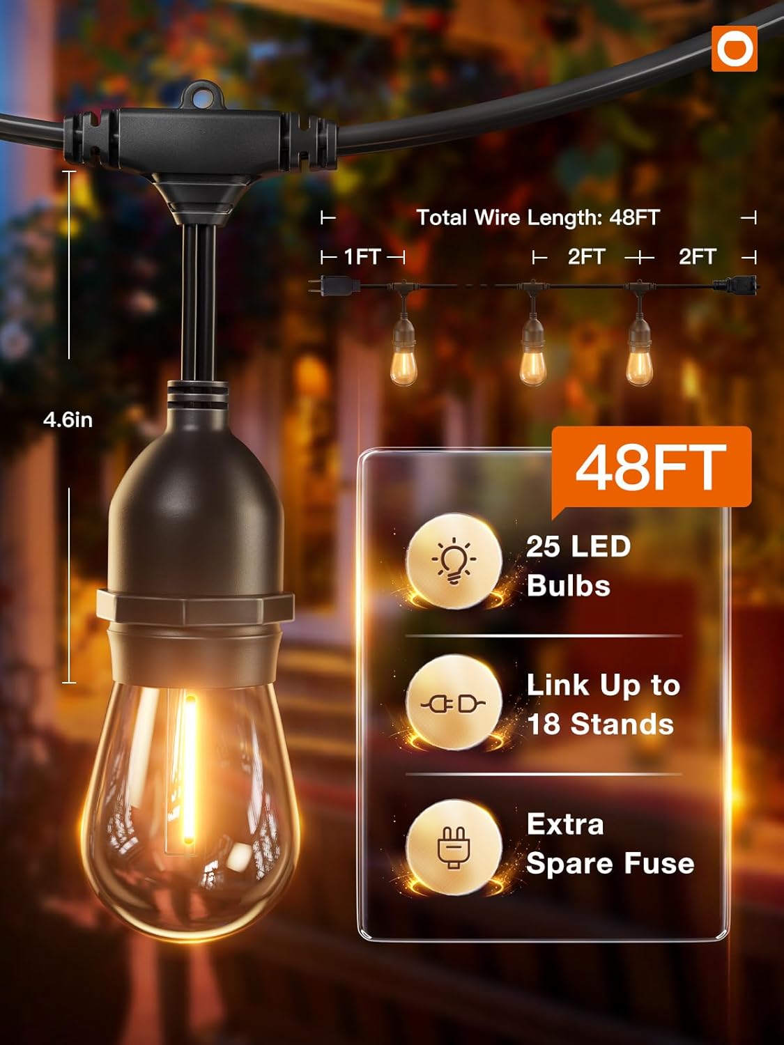 addlon 48FT LED Outdoor String Lights with 25 Edison Vintage Shatterproof Bulbs and Commercial Grade Weatherproof Strand - ETL Listed Heavy-Duty Decorative Lights for Patio Garden