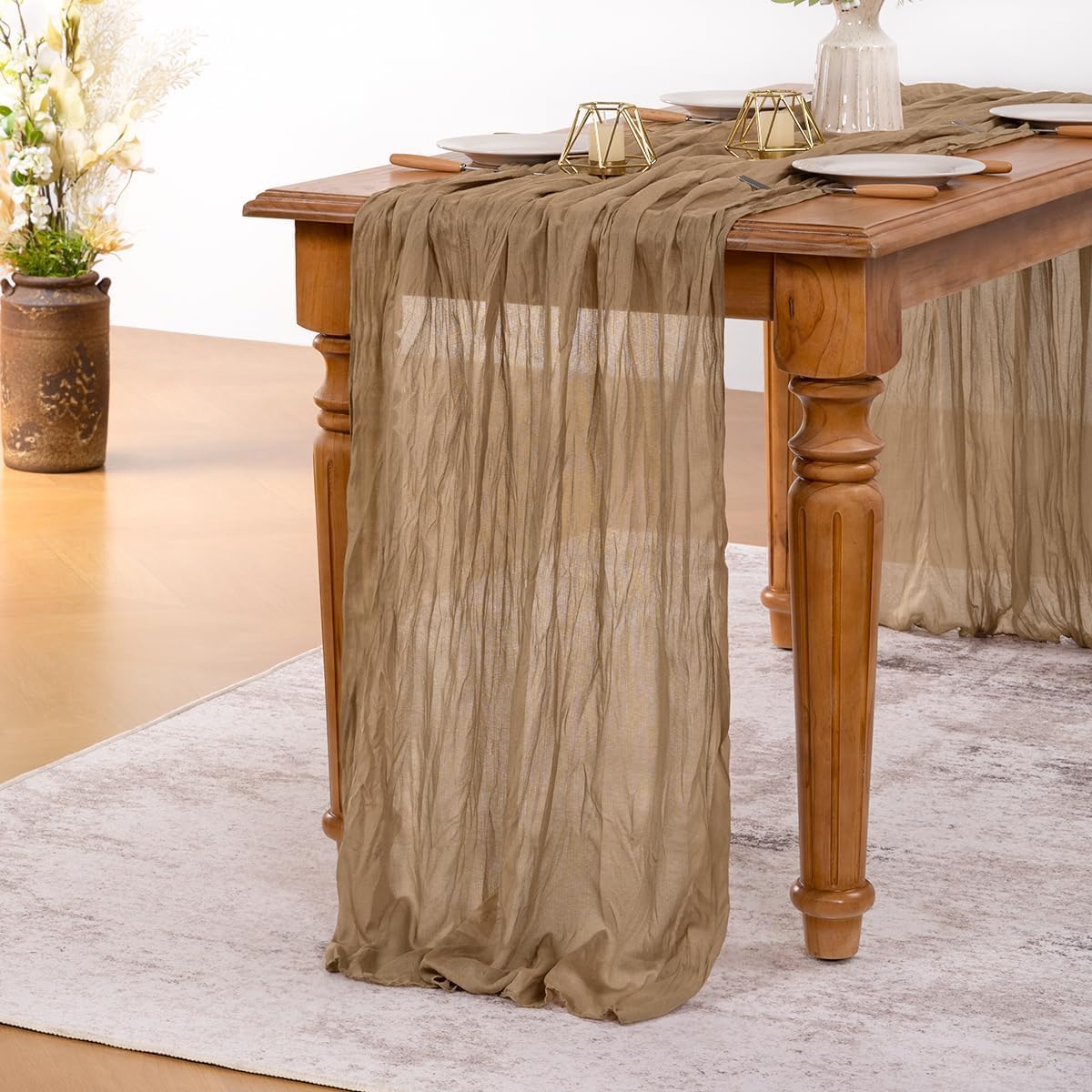 MLMW 4 Pack Fall Table Runner Boho Nude Brown Cheesecloth Table Runner Autumn Gauze Rustic Tan Cheese Cloth 160 inch 13.3ft for Thanksgiving Wedding Party Baby Bridal Shower Birthday