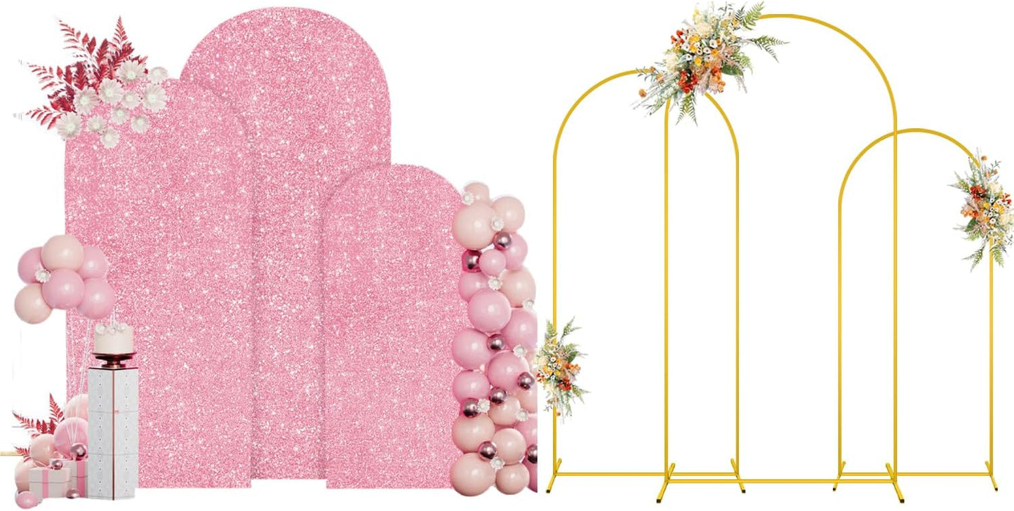 MODFUNS Metal Arch Backdrop Stand and Cover Set 6&6.6&7.2ft Pink Gold Sequins Arch Backdrop Covers Set of 3 Arched Stands Chiara Arches Cover for Party Banquet Wedding Ceremony Decor