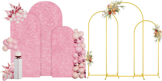 MODFUNS Metal Arch Backdrop Stand and Cover Set 6&6.6&7.2ft Pink Gold Sequins Arch Backdrop Covers Set of 3 Arched Stands Chiara Arches Cover for Party Banquet Wedding Ceremony Decor