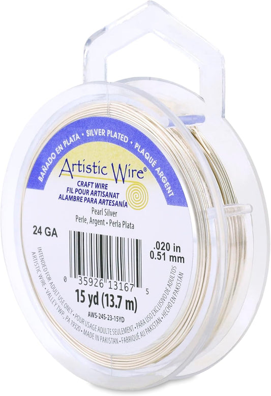 Artistic Wire, 24 Gauge Silver Plated Tarnish Resistant Colored Copper Craft Wire, Pearl Silver, 15 yd