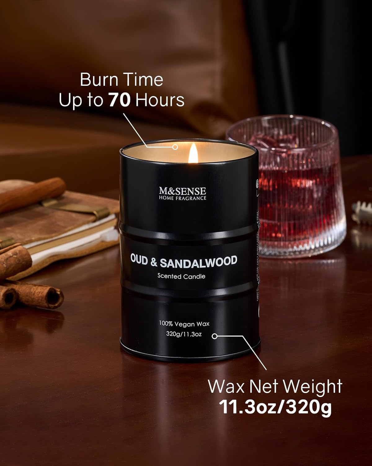 M&SENSE Scented Candle, Oud Sandalwood Medium Jar Candle Gifts for Men, 70 Hours Slow Burning Natural Soy Candles 11.3oz, Stress Relief Aromatherapy Candles Home Decor, Valentines Day Gifts for Him