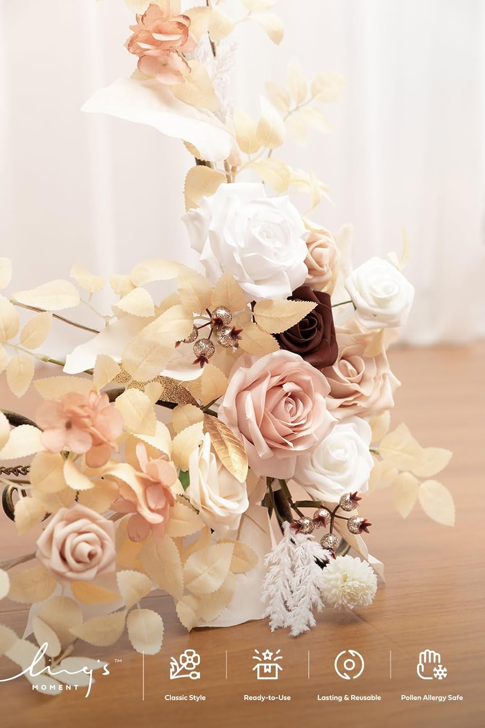 Ling's moment 2pcs Wedding Flowers Garland Artificial Floral Swag Arch Decorations Greenery Arrangements White & Beige Ceremony Reception Garden Easel Wall Entryway Outdoor Board(NOT Include Sign)