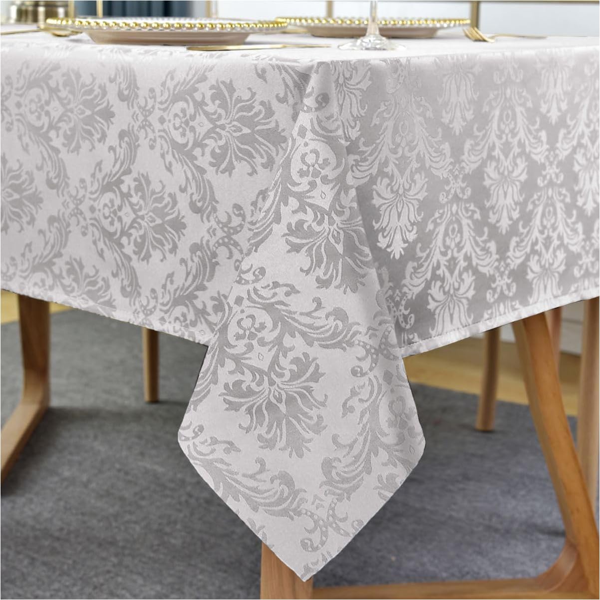 SASTYBALE Rectangle Tablecloth - 60 x 84 Inch Gray Damask Table Cloth Jacquard Design Spill Proof Wrinkle Resistant Water Resistant Soft Polyester Oblong Table Cover for Kitchen Parties Tabletop
