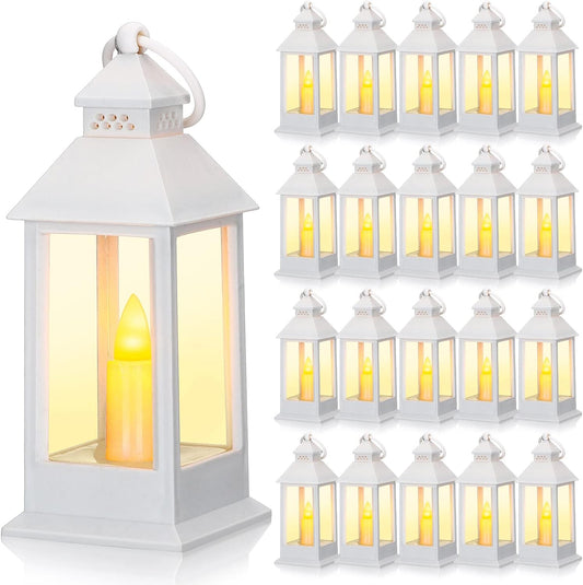 Hoolerry 24 Set Halloween Mini Lanterns with LED Candles 5.5'' Decorative Hanging Small Vintage Lantern Centerpiece Battery Powered for Wedding Table(White)
