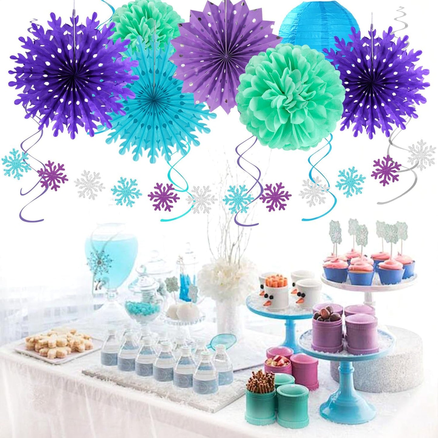 Winter-Wonderland Christmas-Snowflake Frozen Birthday Party-Decorations - 21pcs Happy Banner,Blue Purple Teal Paper Lanterns Honeycomb Streamers,Tissue Pom Poms Flower Fan,Hanging Decor Huglony