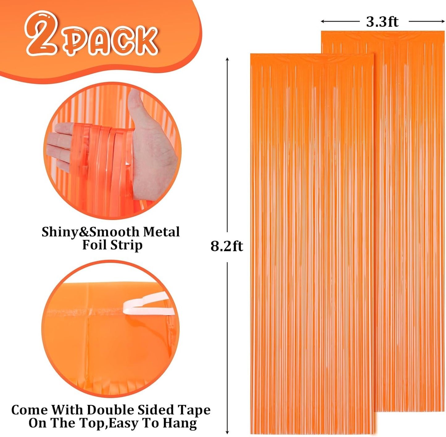 2 Pack Orange Foil Fringe Backdrop Curtains, Tinsel Streamers Birthday Party Decorations, Fringe Backdrop for Graduation, Baby Shower, Gender Reveal, Disco Party