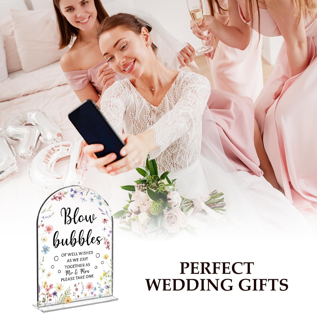 Wedding Sign Decor, Arch Acrylic 5x7 Inch, Blou Bubbles Sign Wedding Sign for Reception & Event, Bridal Shower Decorations, Wedding Table Sign Accessories for Anniversary And Party (Flower)