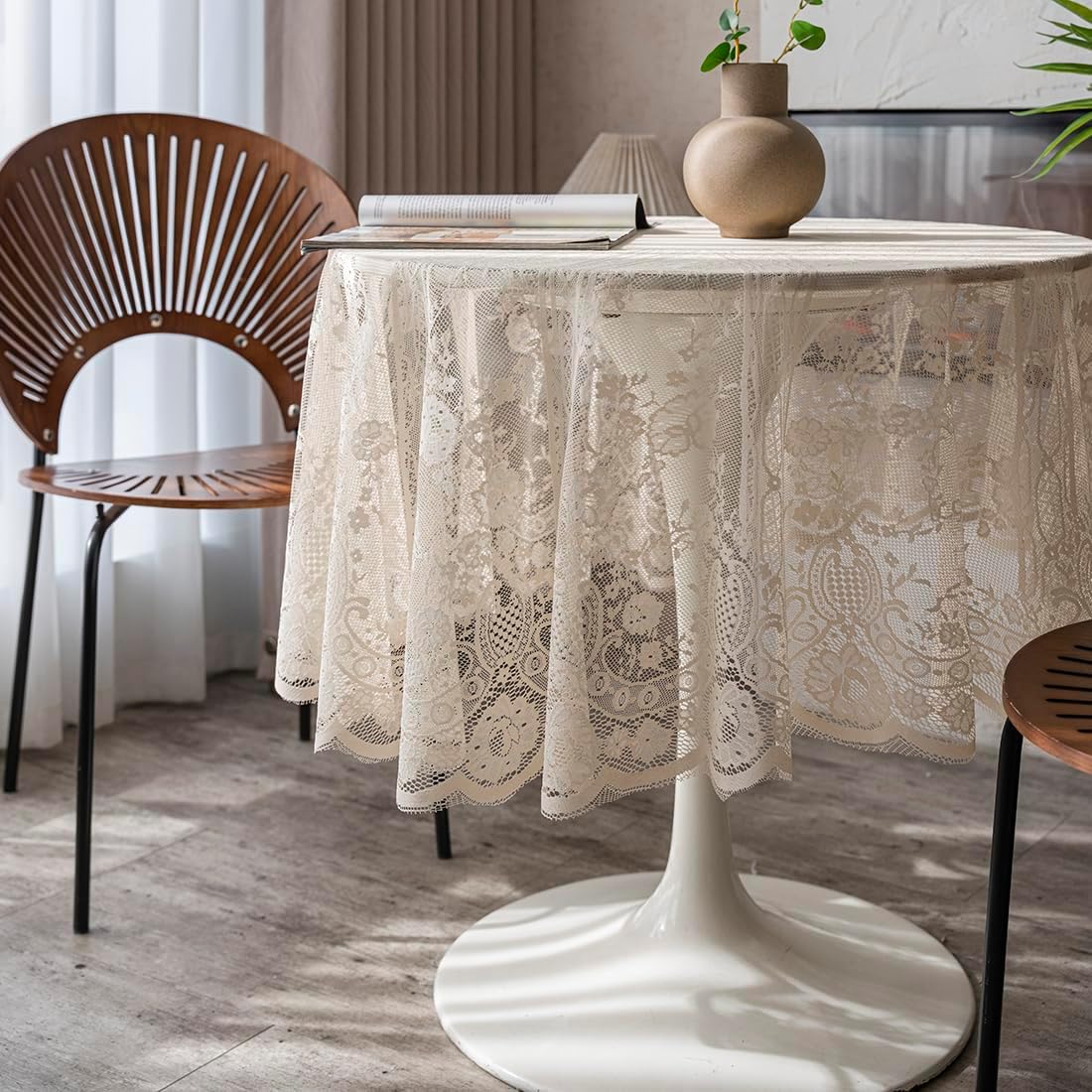 Vintage 60 inch Beige Lace Tablecloth Floral Embroidered Boho Shabby Chic Small Table Cover for Wedding Halloween Party Dinning Holiday, 1 Piece