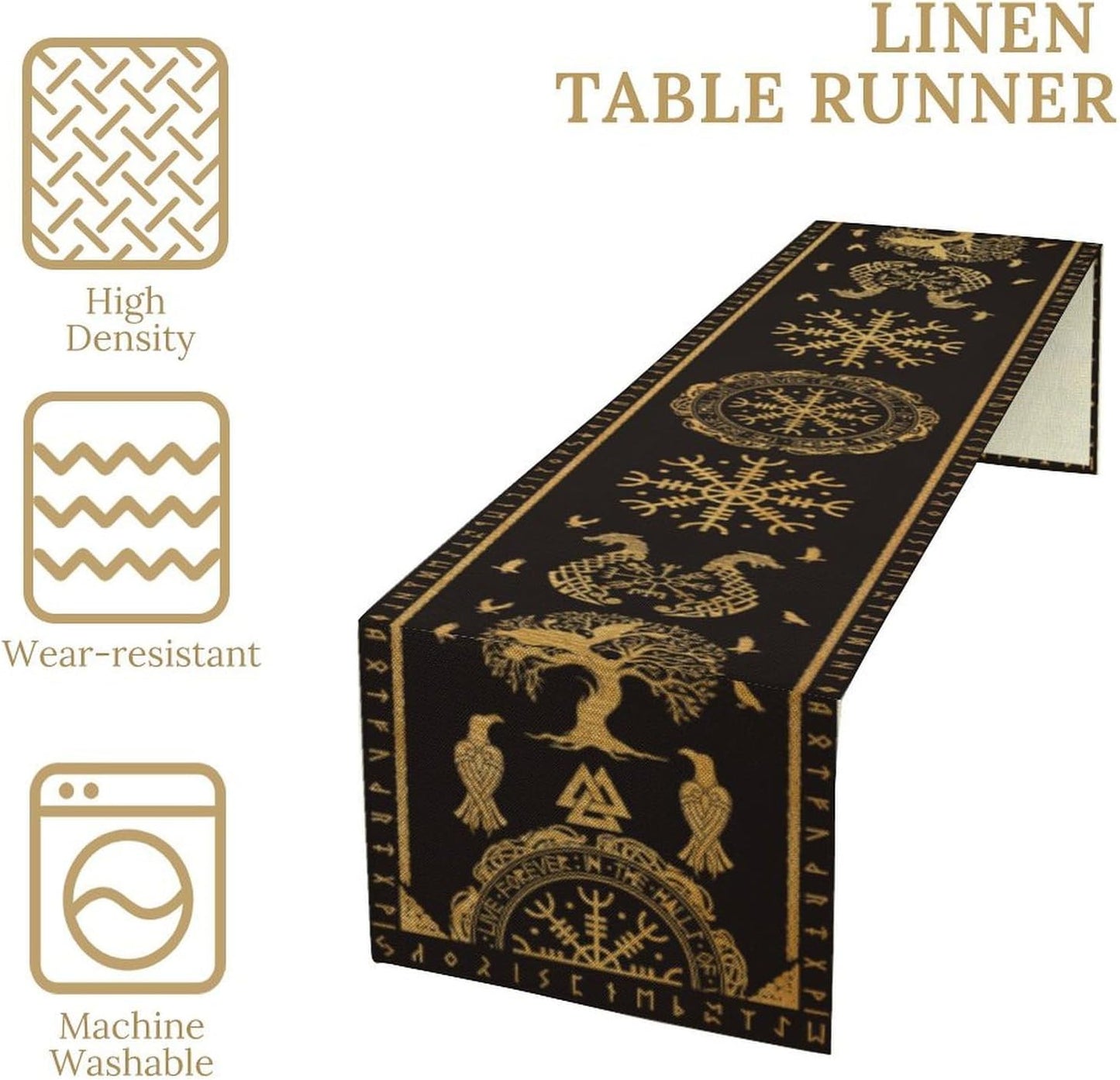 Viking Tree of Life Abstract Table Runner for Living Room Home Party Coffee Dining Party Wedding Golden Black Celtic Style Geometric Dragon Boat Rudder Ancient Script Table Runner 13x70 Inch