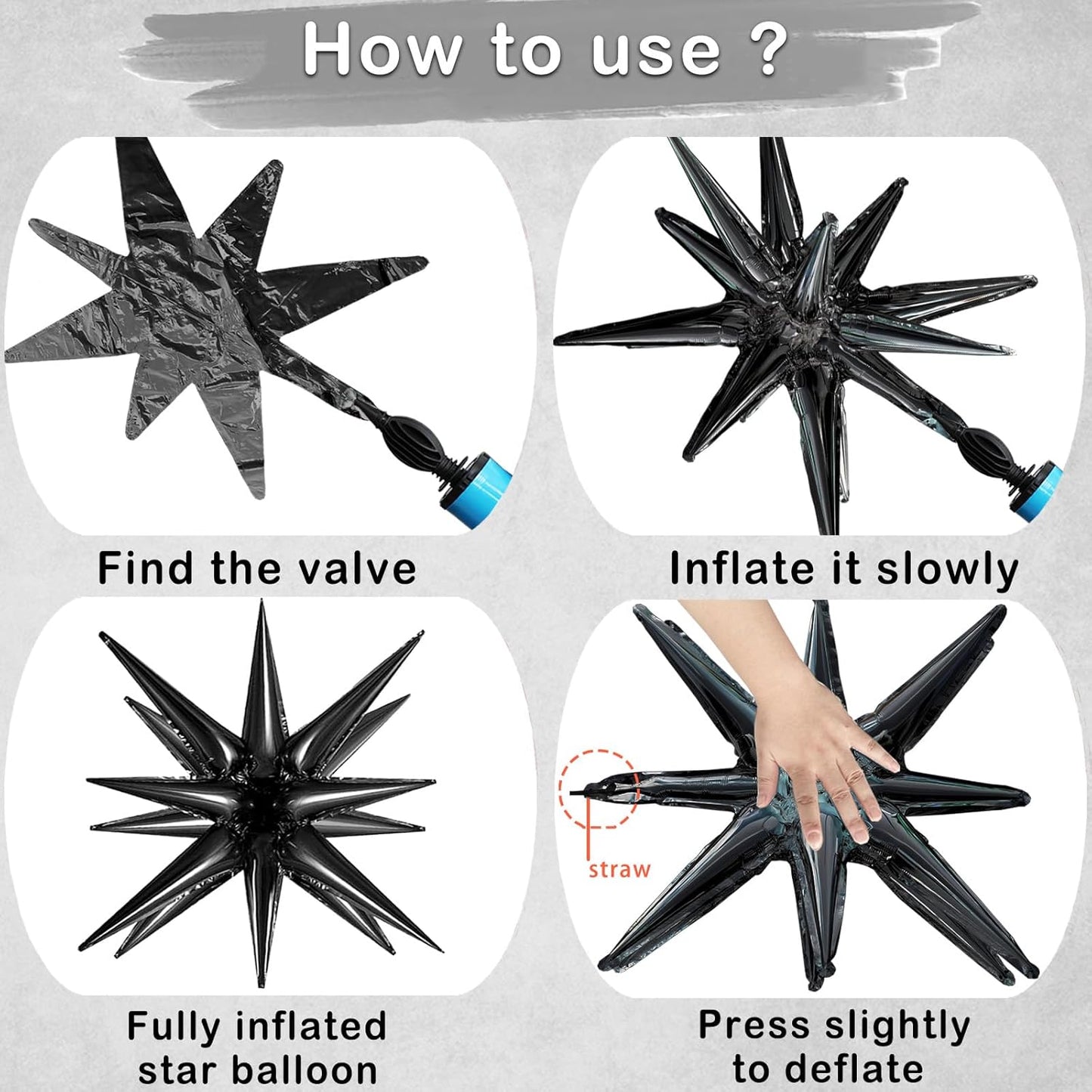 6 Pcs Explosion Star Foil Balloons- 12 Point Star Balloons,Black Spike Balloon and 10Pcs Four Pointed Balloon for Party Supplies Christmas Birthday Wedding Photo Booth