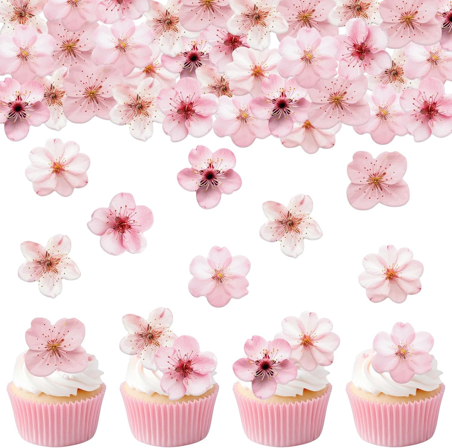 70PCS Edible Cherry Blossoms Cupcake Toppers Pink Edible Cherry Flowers Cake Decorations Wafer Paper Flowers Cupcake Topper for Flowers Theme Baby Shower Birthday Party Decor Supplies