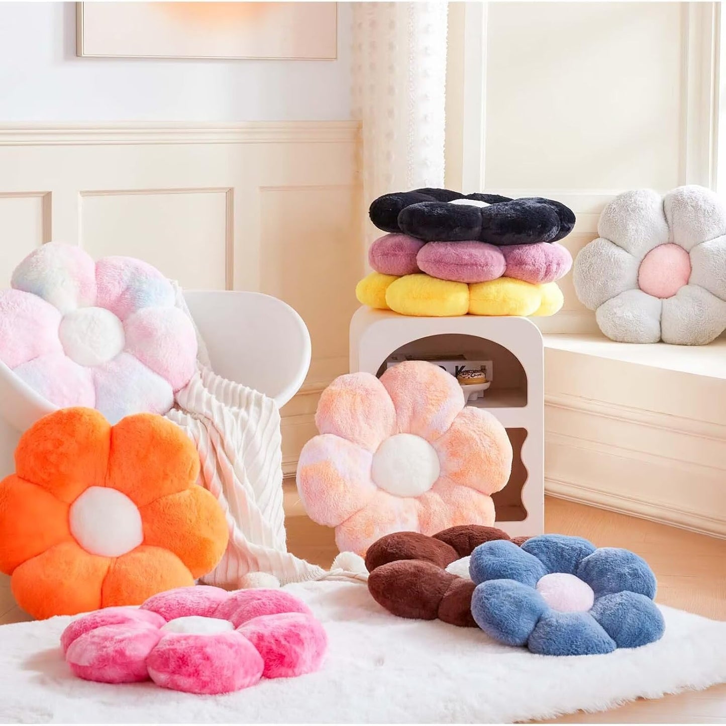 Blue Flower Pillow, 17.7" Flower Shaped Plush Decorative Throw Pillow for Bed