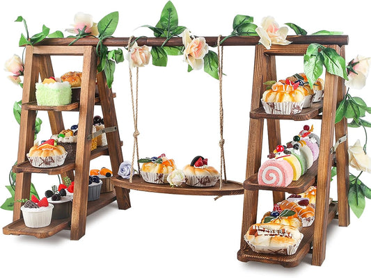 Wooden 3 Tier Cupcake Stand with Swing and Flower Decoration Serving Removable Tray Display Serving Ladder Foldable Stand with Serving Platter Tray Party Food Display Set for Cake Snack Fruit Chips Bread Centerpieces Catering