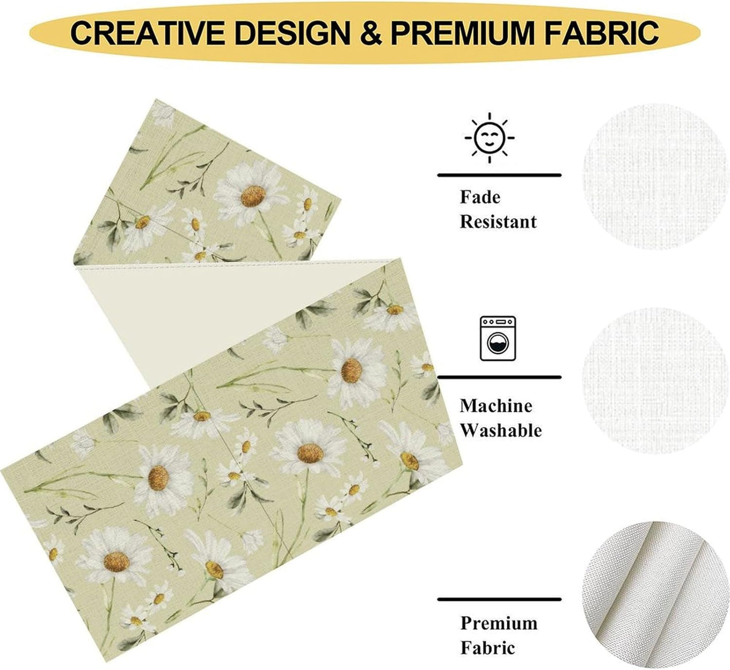 Daisy Floral Table Runner, Spring Seasonal Summer Wild Flower Rustic Country Farmhouse Table Center Decor for Home Kitchen Dining Patio Holiday Party Indoor Outdoor Table Decorations, 13"x90" Inch