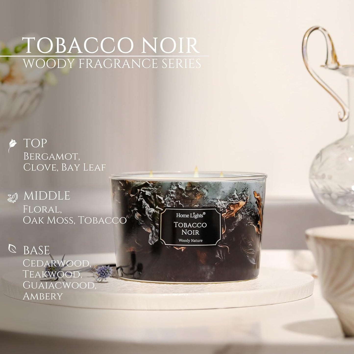 HomeLights Scented Candles for Women & Men, 18oz Candle Jars Aromatherapy 4-Wick Candle, Ideal for Industrial Chic Home Decor and Gifts, Tobacco Noir Fragrance