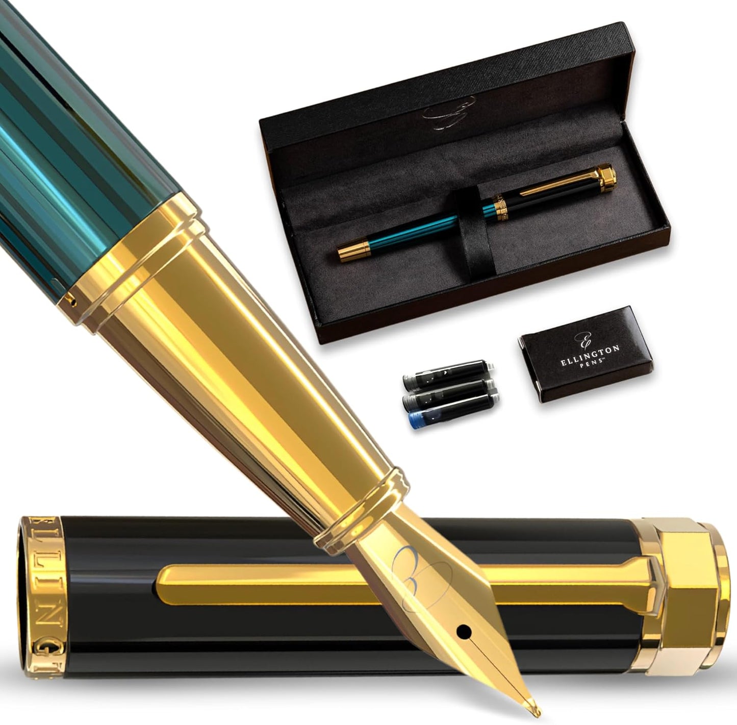 Ellington Pens Luxury Fountain Pen Set- Fountain Pens for Writing - Smooth Fine Nib - Includes Refillable Ink Converter, 3 Ink Cartridges [Black & Blue], Gift Box - Elegant Calligraphy