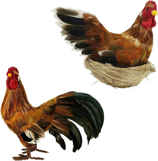 naturevibe 8.8 Inches Feathered Rooster Decor and Hen,Realistic Farm Animals Figurine with Real Feathers as Fall Decorations,Autumn Chicken Decor for Fall Centerpiece or Harvest Festival Display