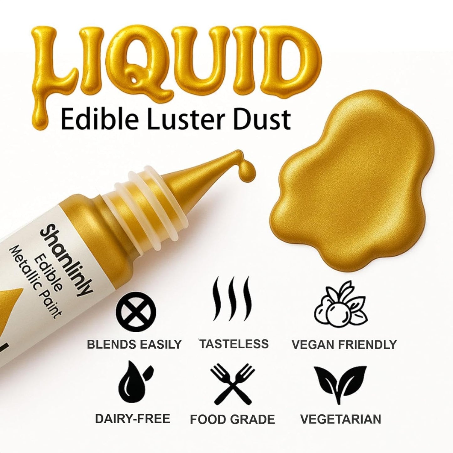 Edible Gold Metallic Paint for Baking – Food Grade Edible Gold Dust Drink Glitter for Shimmer Cake Decorating, Cookies, Cupcakes, Cocktails – 15ml Perfect for Holidays, Wedding, Birthday Decorating