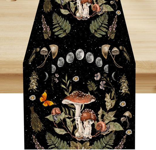 Mushroom Kitchen Table Runner, Boho Vintage Wild Flower Gothic Witchy Moonlit Forest Plant Table Runner for Bedroom Living Room Kitchen Dinner Table, 13x108 Inch